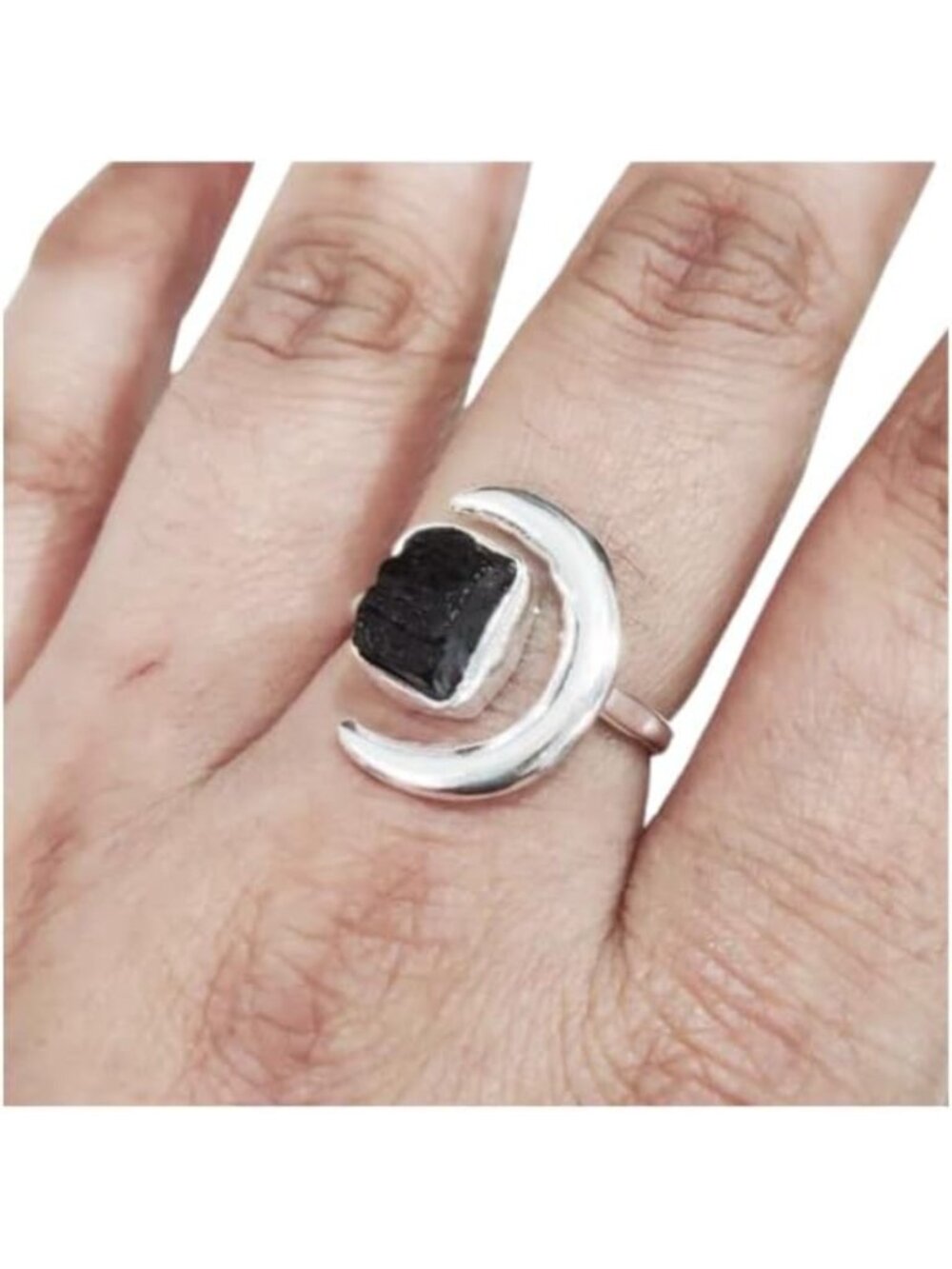 Natural Black Tourmaline Crescent Moon Adjustable Ring, 925 Sterling Silver
